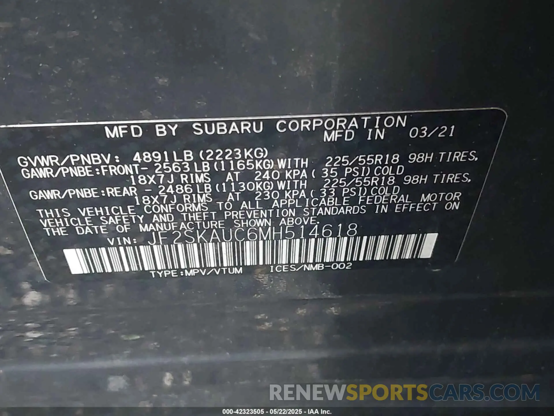 9 fotografías del automóvil dañado JF2SKAUC6MH514618 SUBARU FORESTER 2021