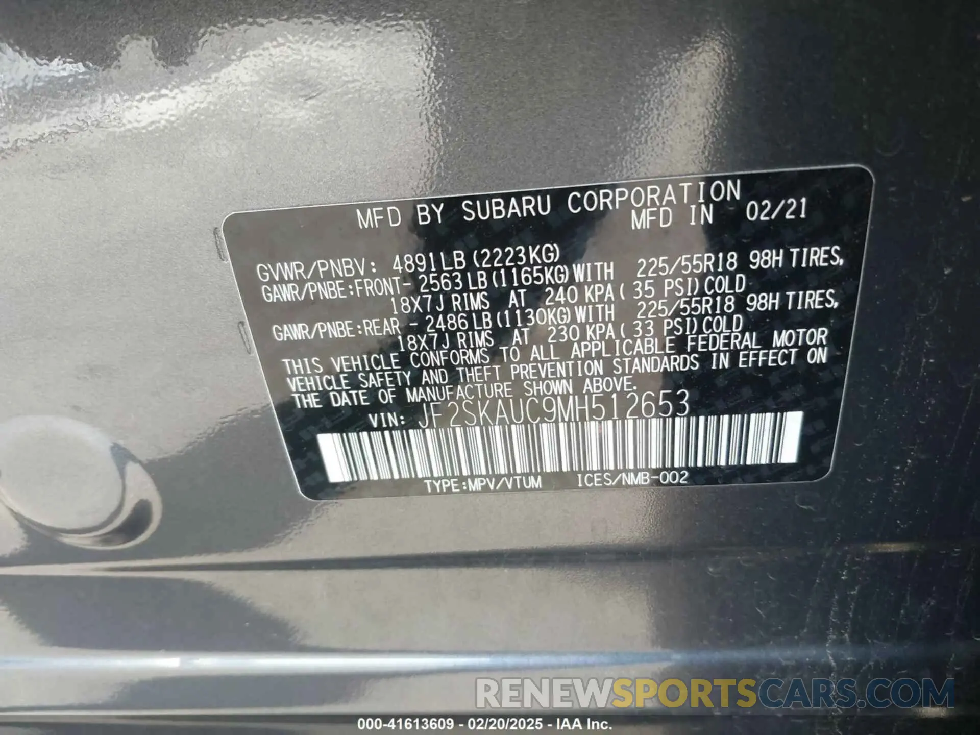 9 fotografías del automóvil dañado JF2SKAUC9MH512653 SUBARU FORESTER 2021