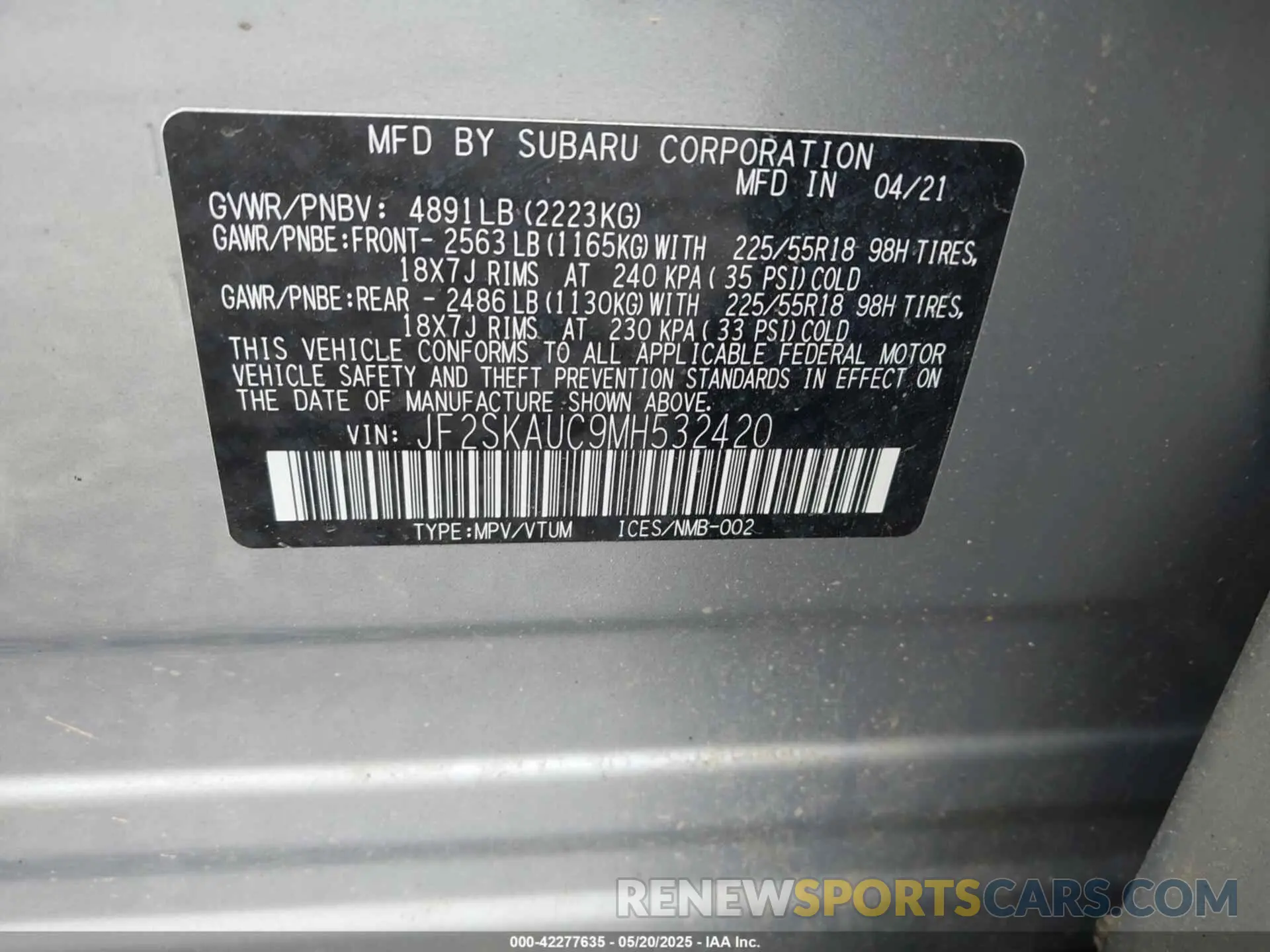 9 fotografías del automóvil dañado JF2SKAUC9MH532420 SUBARU FORESTER 2021