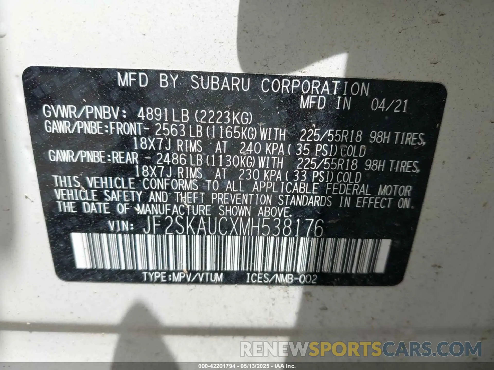 9 fotografías del automóvil dañado JF2SKAUCXMH538176 SUBARU FORESTER 2021