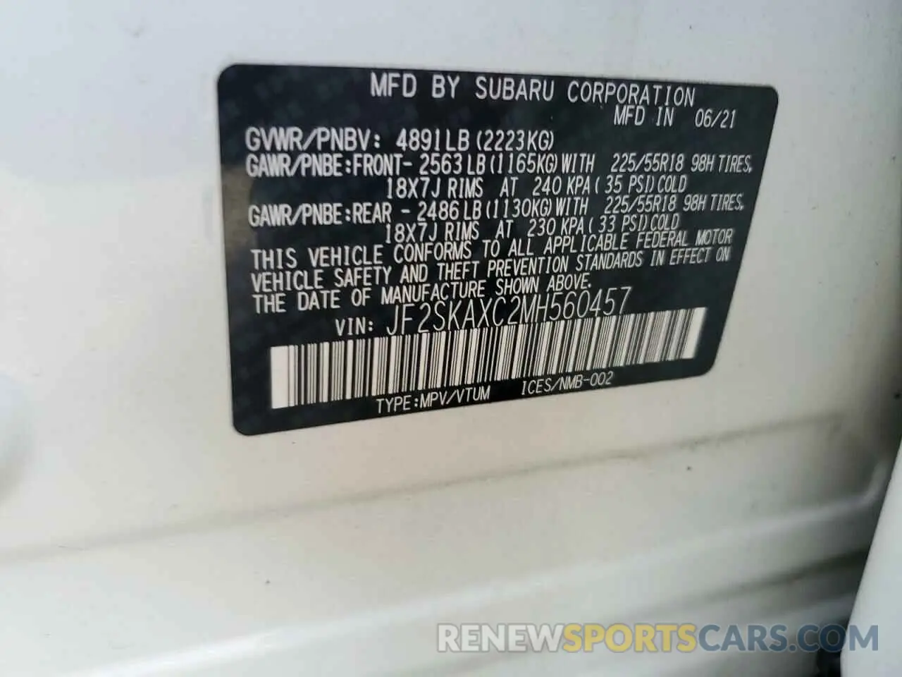 15 fotografías del automóvil dañado JF2SKAXC2MH560457 SUBARU FORESTER 2021