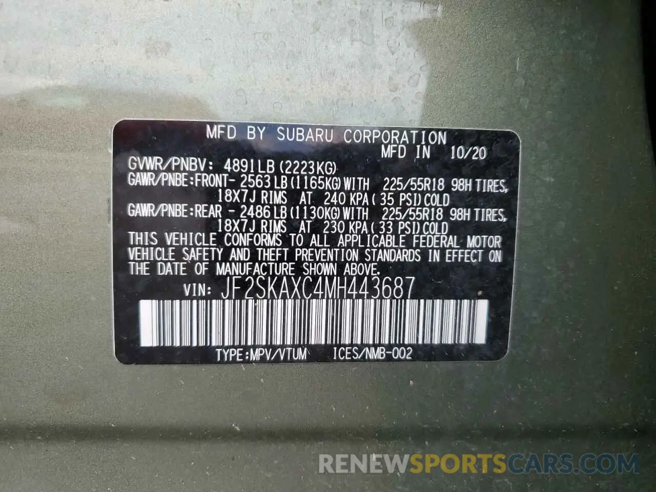 14 fotografías del automóvil dañado JF2SKAXC4MH443687 SUBARU FORESTER 2021