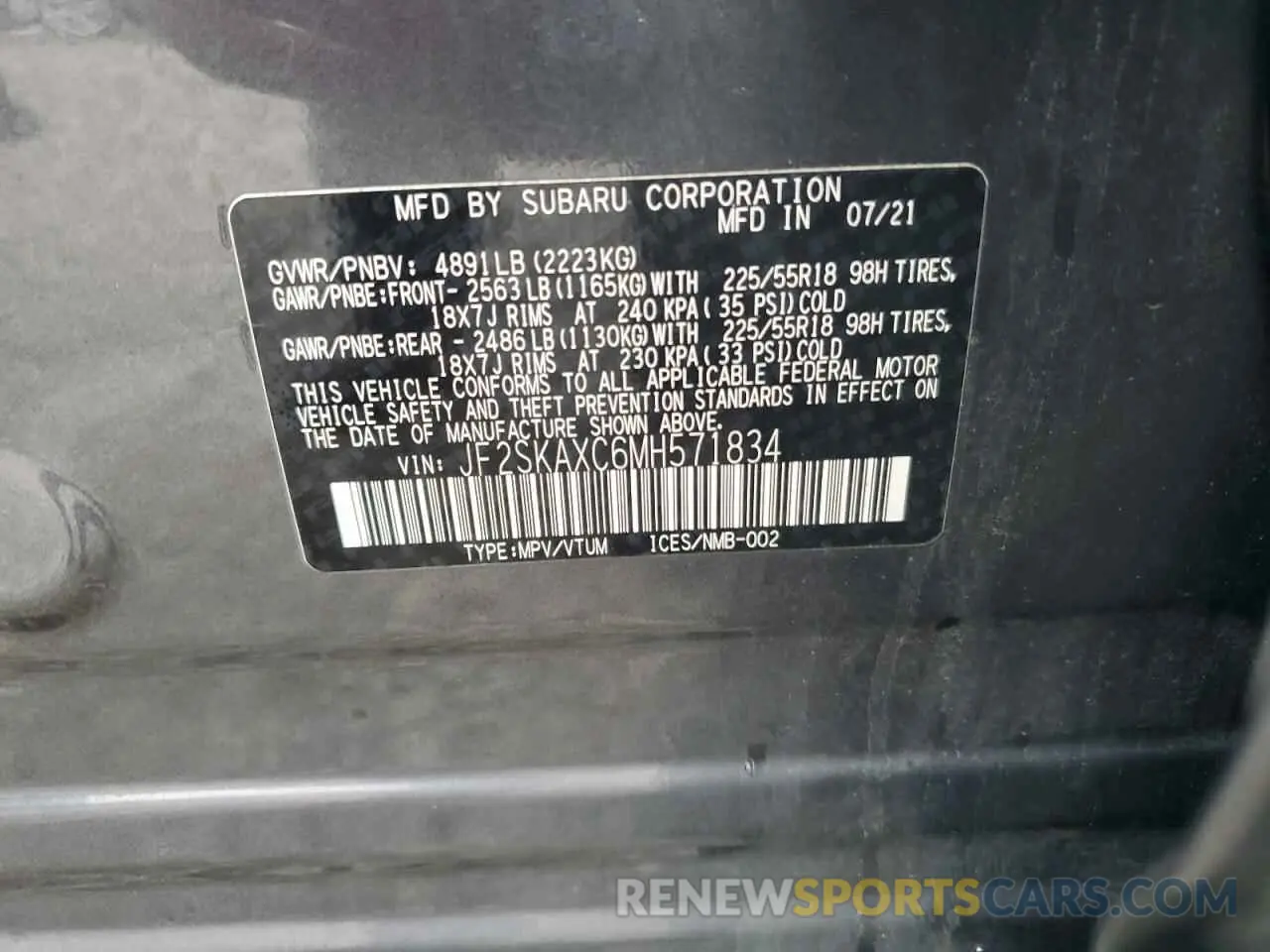 13 fotografías del automóvil dañado JF2SKAXC6MH571834 SUBARU FORESTER 2021