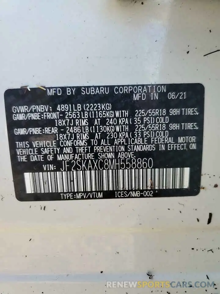 14 fotografías del automóvil dañado JF2SKAXC8MH558860 SUBARU FORESTER 2021