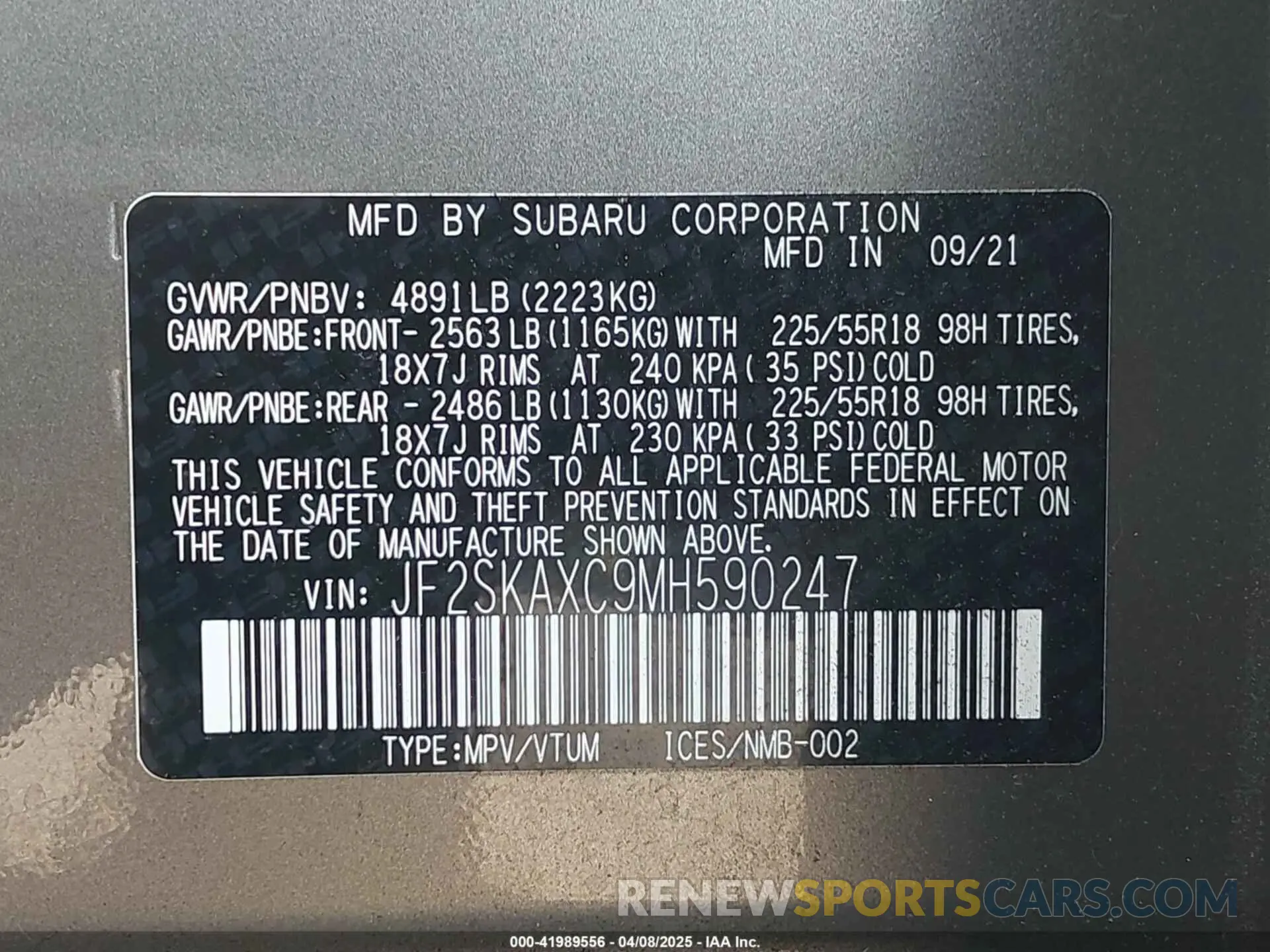9 fotografías del automóvil dañado JF2SKAXC9MH590247 SUBARU FORESTER 2021
