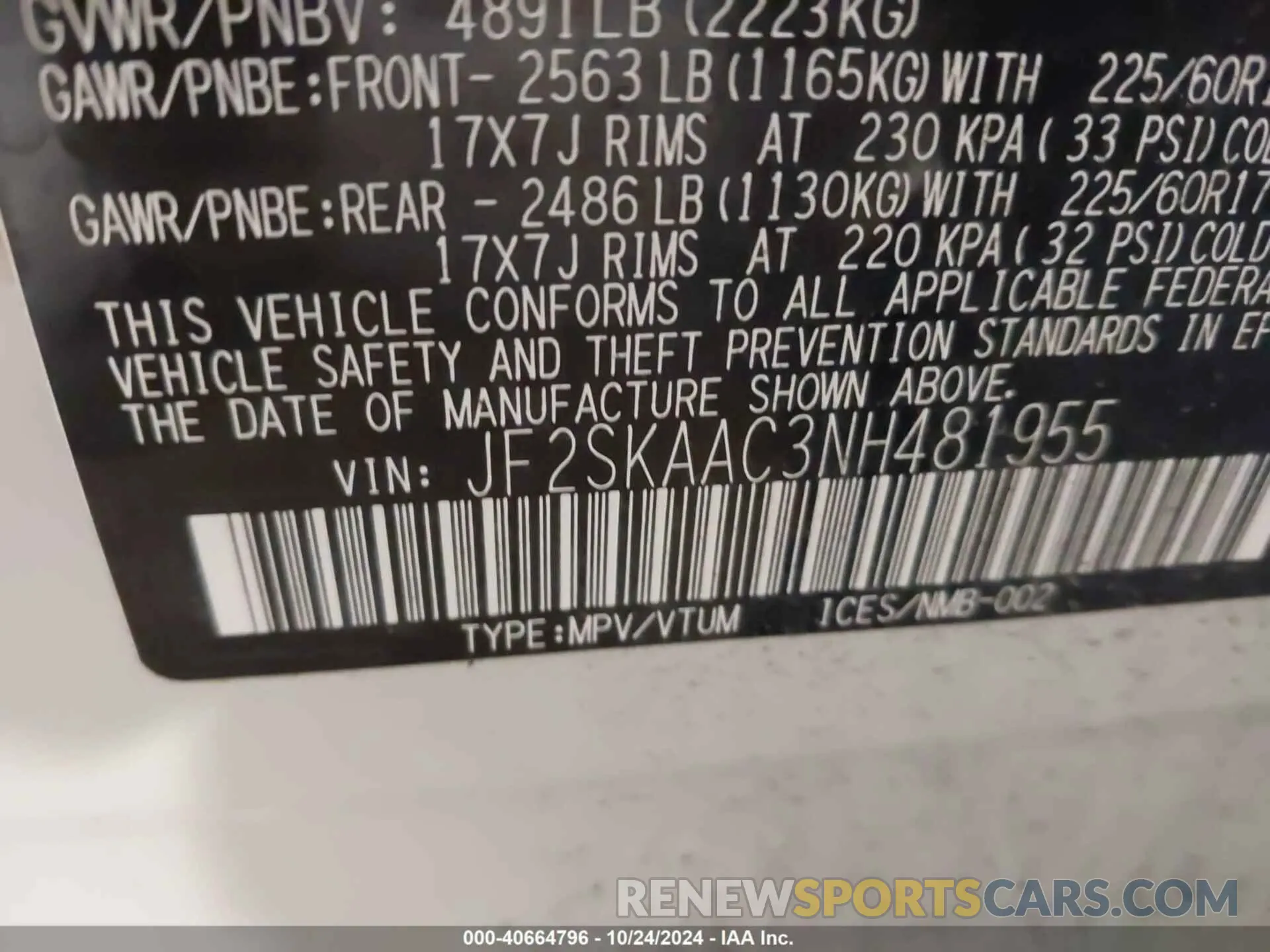 9 fotografías del automóvil dañado JF2SKAAC3NH481955 SUBARU FORESTER 2022