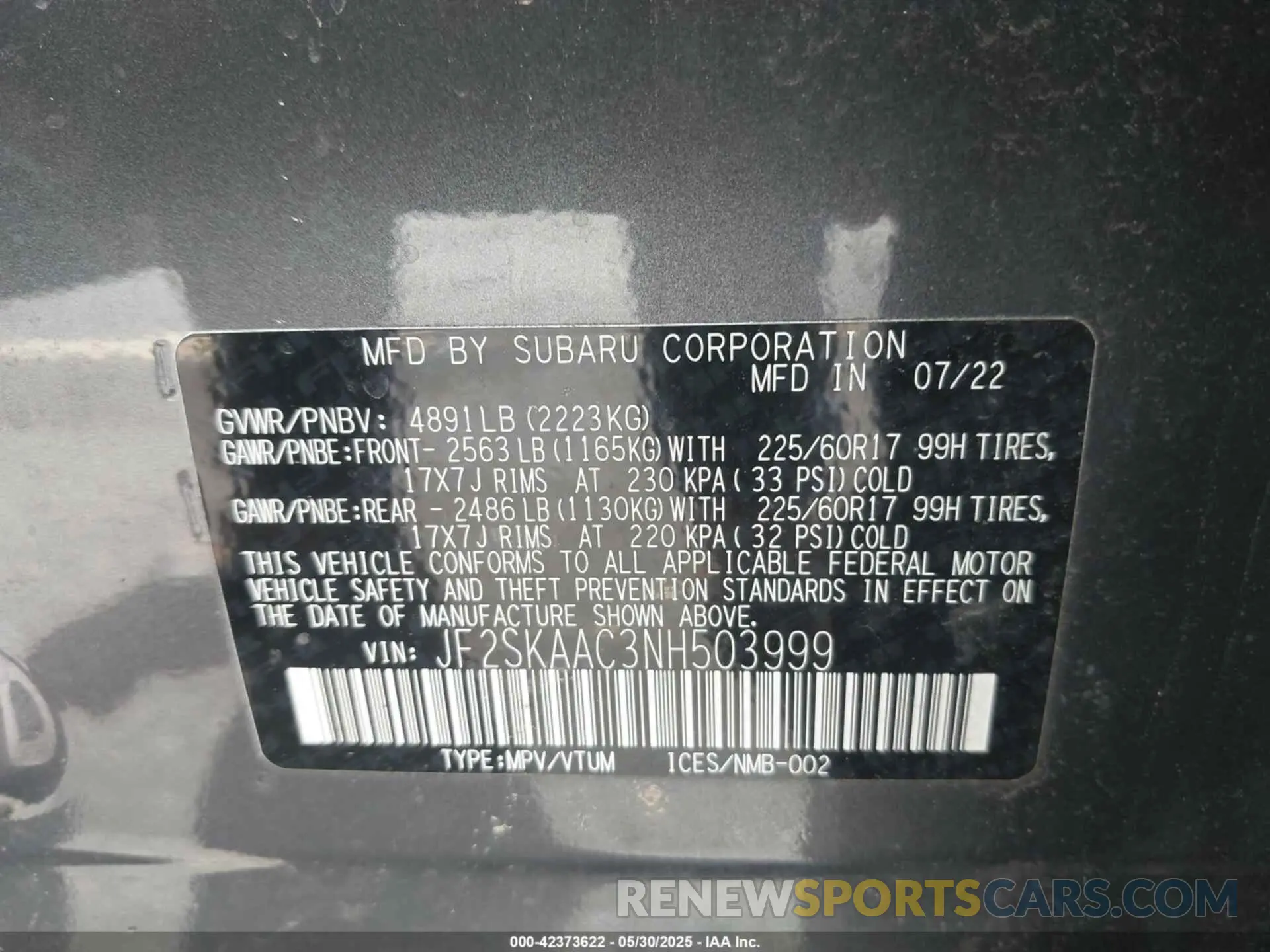 9 fotografías del automóvil dañado JF2SKAAC3NH503999 SUBARU FORESTER 2022
