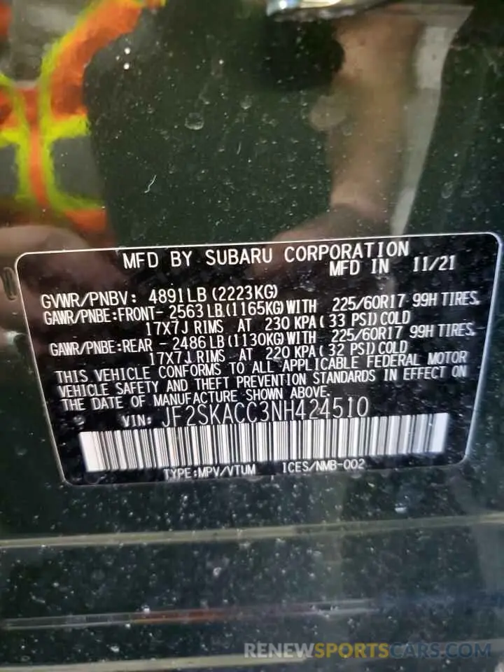 13 fotografías del automóvil dañado JF2SKACC3NH424510 SUBARU FORESTER 2022