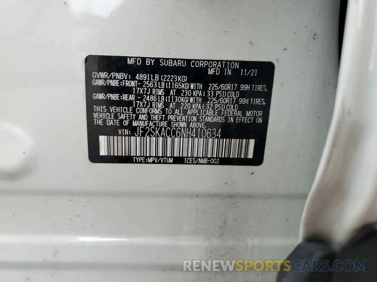 13 fotografías del automóvil dañado JF2SKACC6NH410634 SUBARU FORESTER 2022