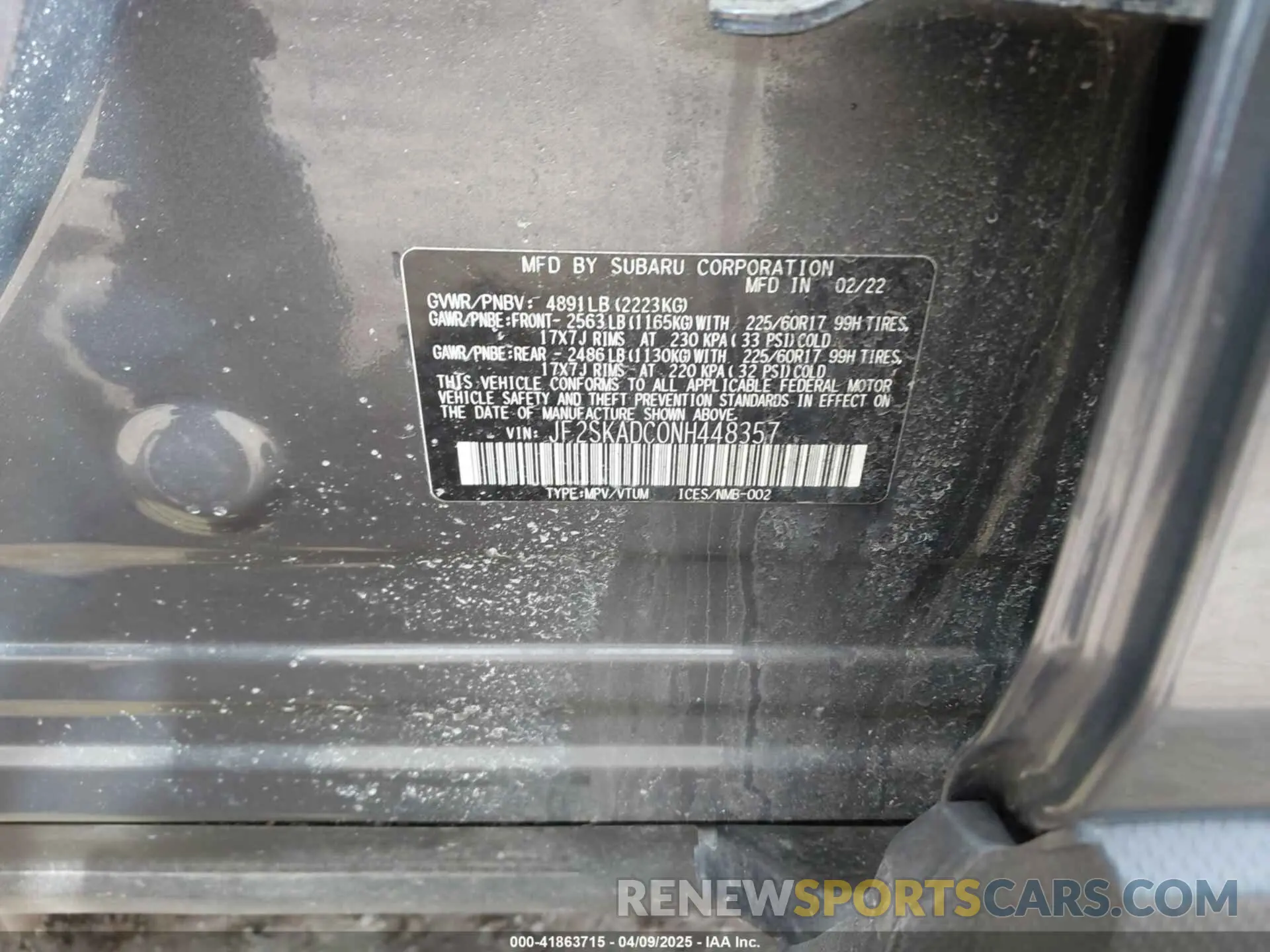 9 fotografías del automóvil dañado JF2SKADC0NH448357 SUBARU FORESTER 2022