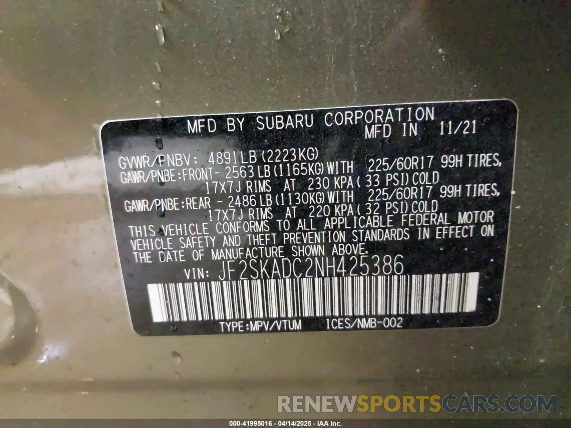 9 fotografías del automóvil dañado JF2SKADC2NH425386 SUBARU FORESTER 2022