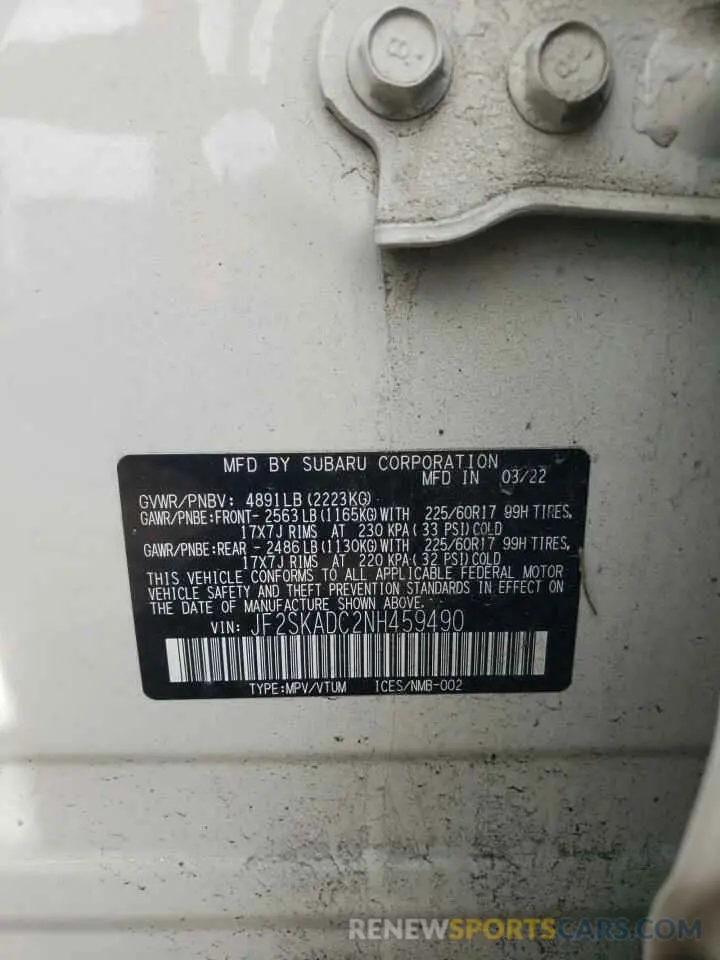 15 fotografías del automóvil dañado JF2SKADC2NH459490 SUBARU FORESTER 2022