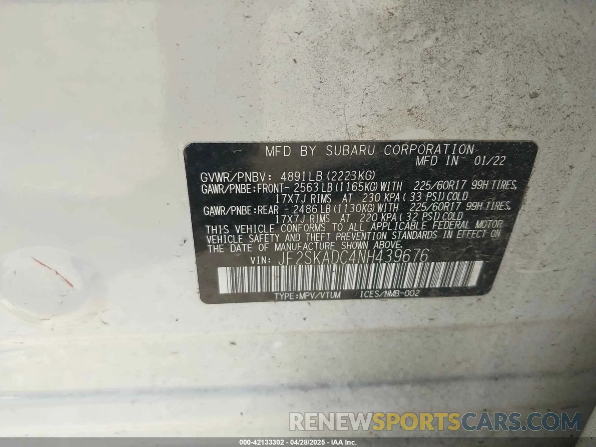 9 fotografías del automóvil dañado JF2SKADC4NH439676 SUBARU FORESTER 2022