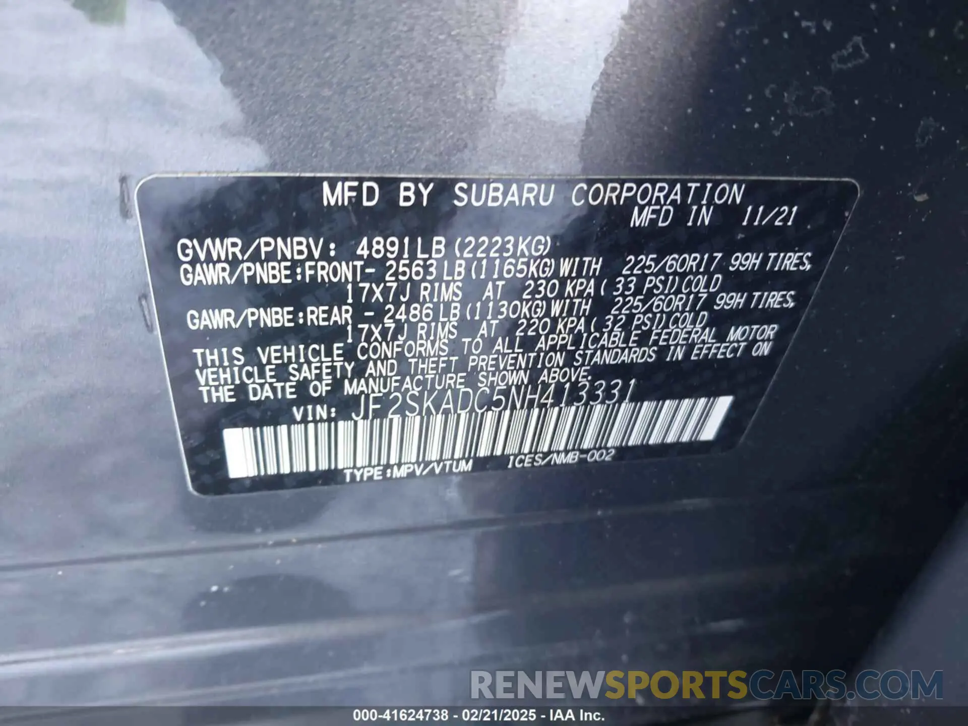 9 fotografías del automóvil dañado JF2SKADC5NH413331 SUBARU FORESTER 2022
