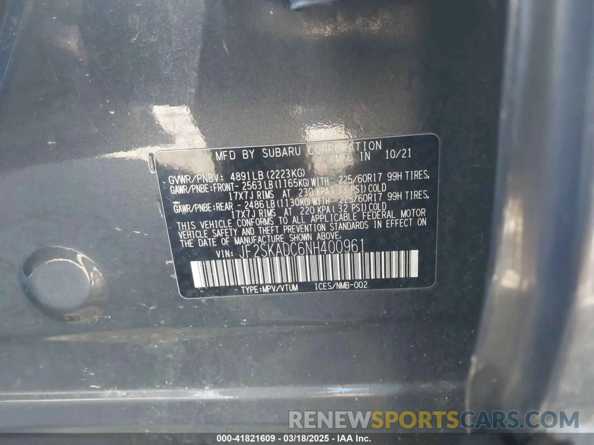 9 fotografías del automóvil dañado JF2SKADC6NH400961 SUBARU FORESTER 2022