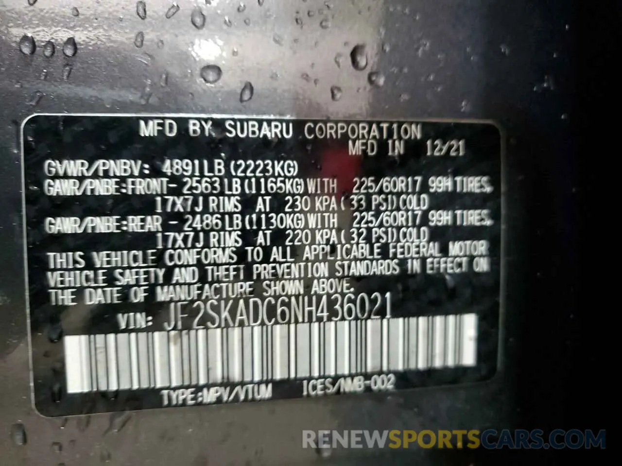 13 fotografías del automóvil dañado JF2SKADC6NH436021 SUBARU FORESTER 2022