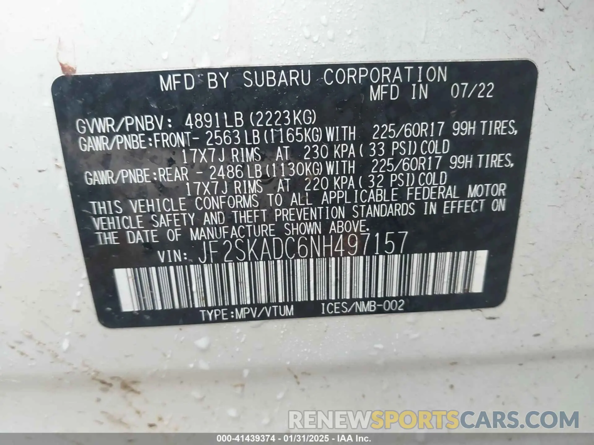 9 fotografías del automóvil dañado JF2SKADC6NH497157 SUBARU FORESTER 2022