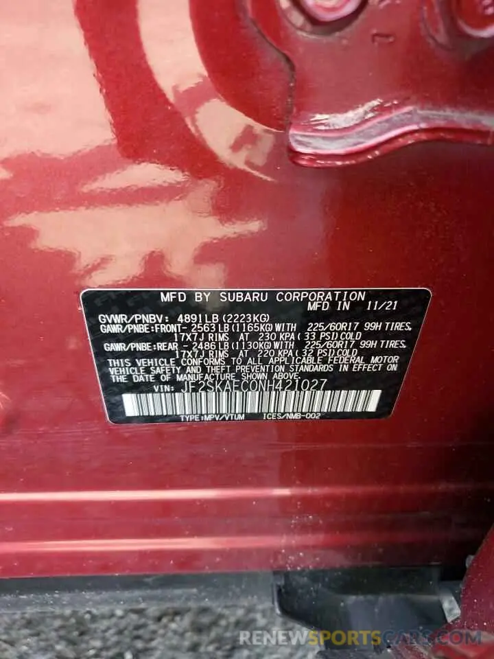 13 fotografías del automóvil dañado JF2SKAEC0NH421027 SUBARU FORESTER 2022