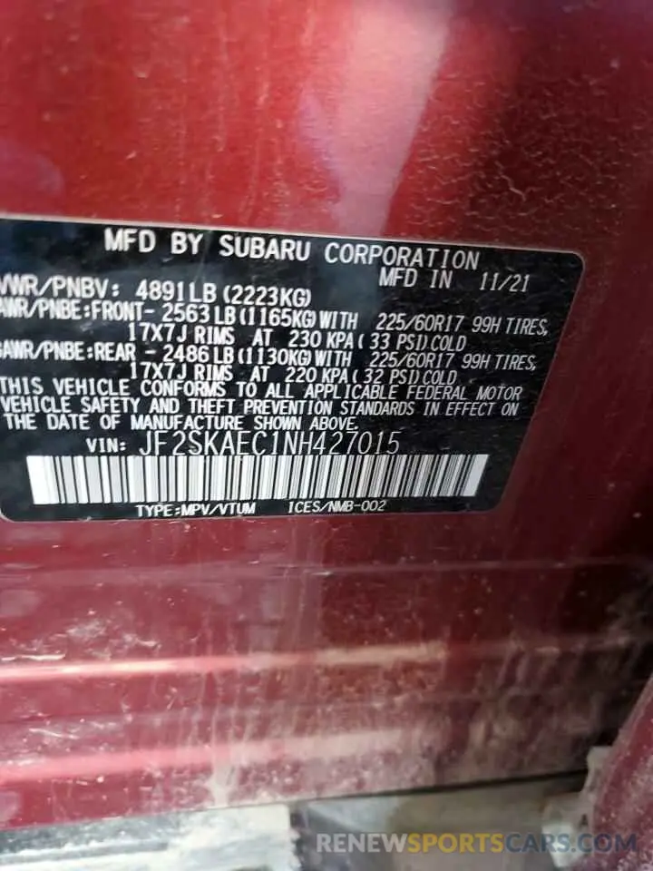 13 fotografías del automóvil dañado JF2SKAEC1NH427015 SUBARU FORESTER 2022