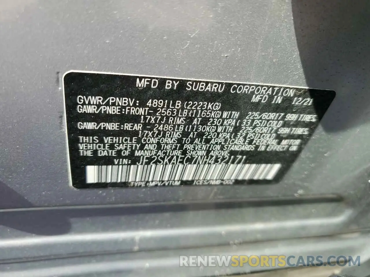 14 fotografías del automóvil dañado JF2SKAEC7NH432171 SUBARU FORESTER 2022