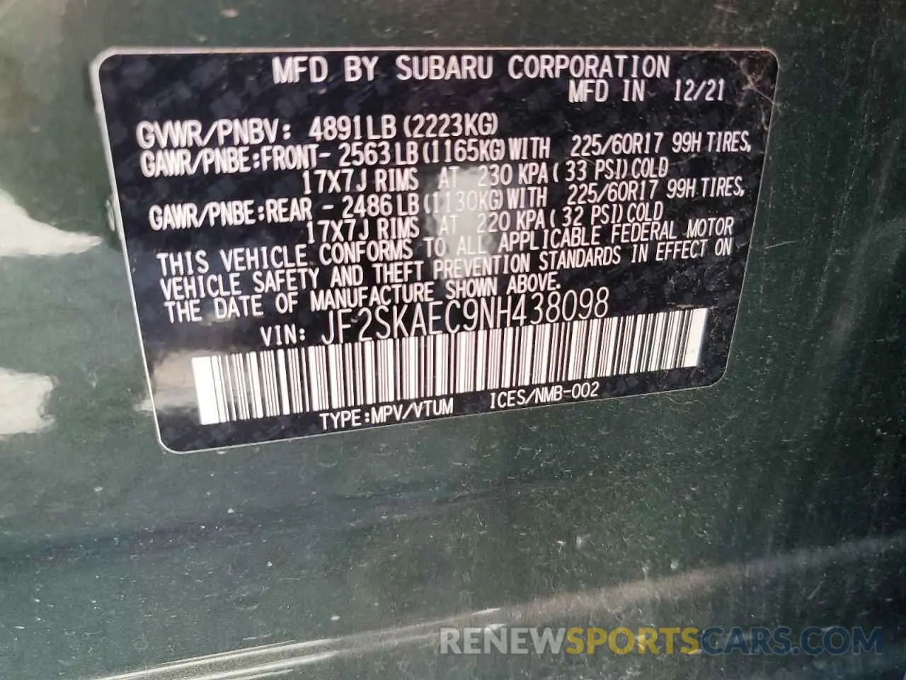 13 fotografías del automóvil dañado JF2SKAEC9NH438098 SUBARU FORESTER 2022