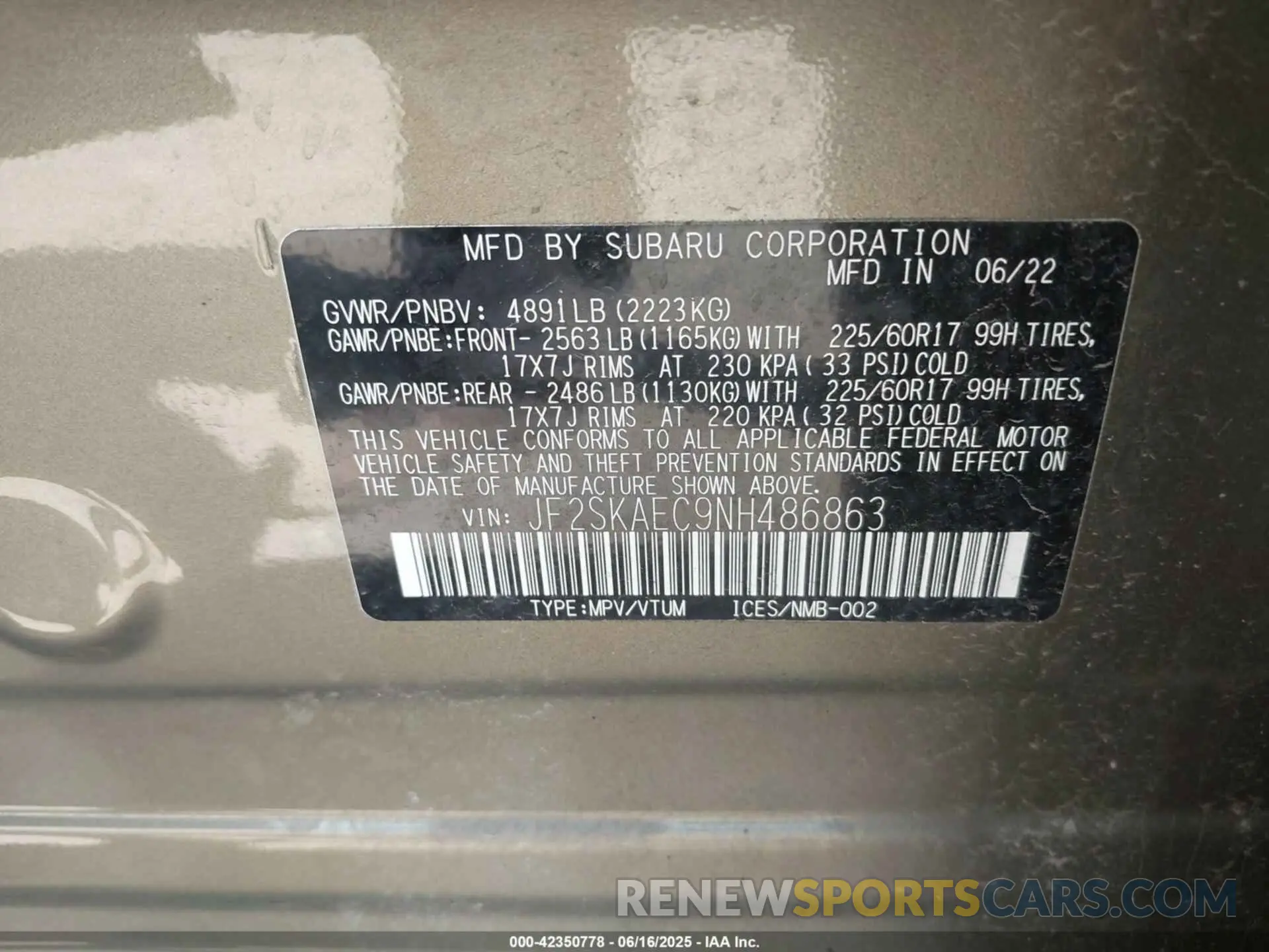 9 fotografías del automóvil dañado JF2SKAEC9NH486863 SUBARU FORESTER 2022
