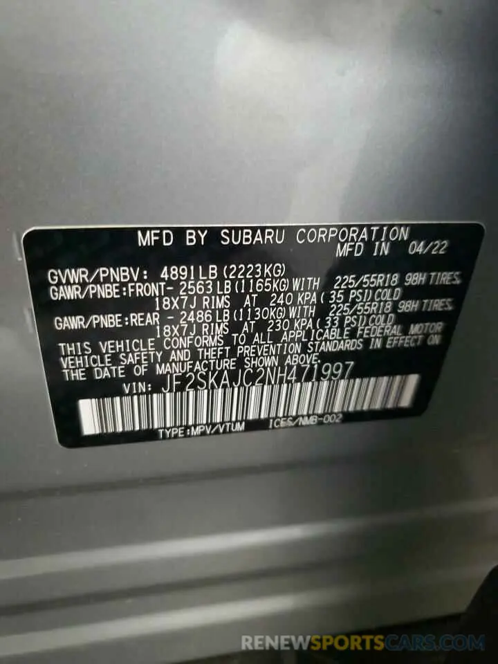 13 fotografías del automóvil dañado JF2SKAJC2NH471997 SUBARU FORESTER 2022