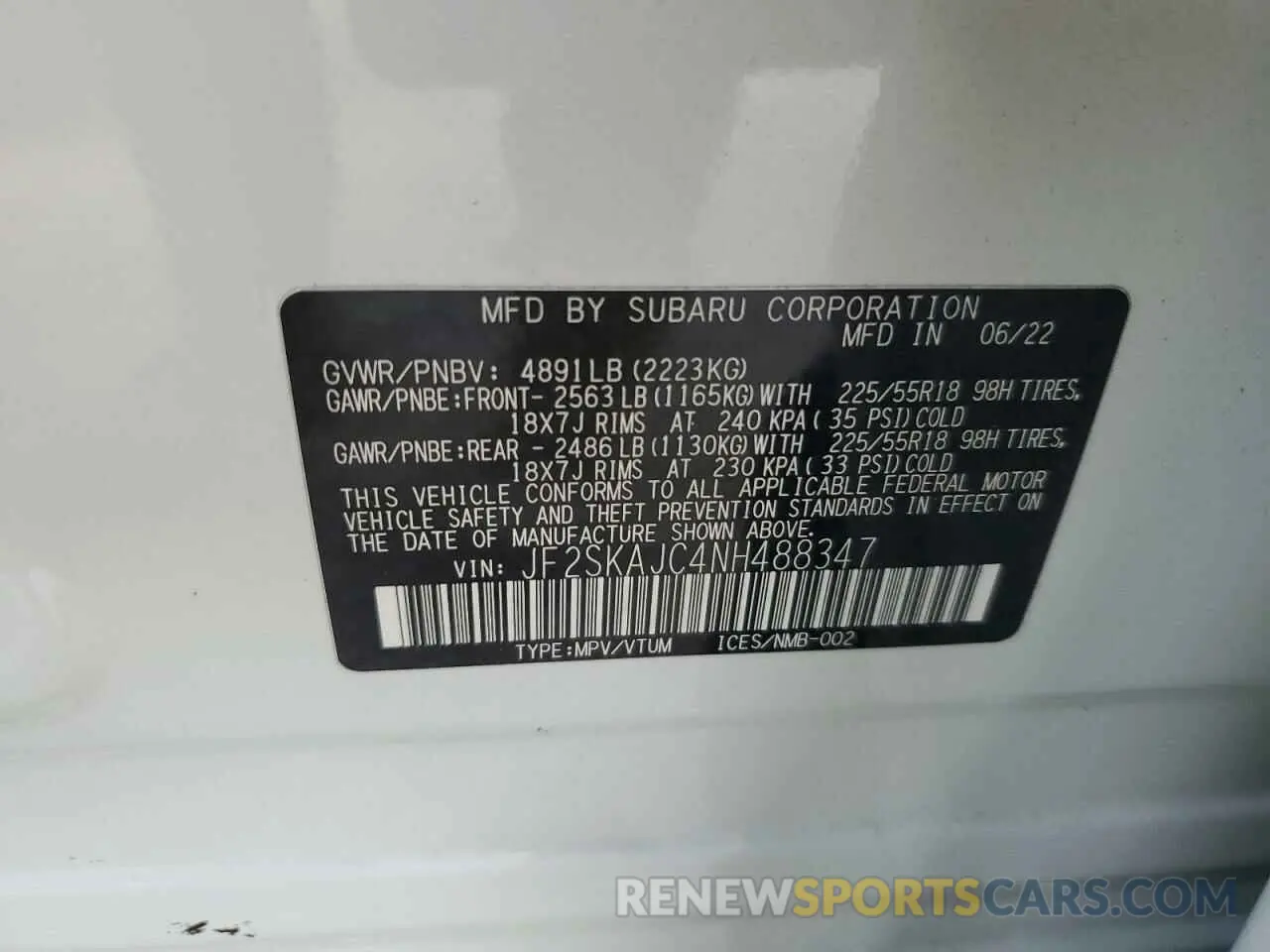 13 fotografías del automóvil dañado JF2SKAJC4NH488347 SUBARU FORESTER 2022