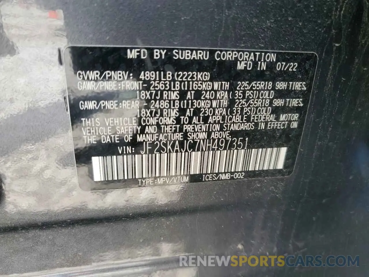 14 fotografías del automóvil dañado JF2SKAJC7NH497351 SUBARU FORESTER 2022
