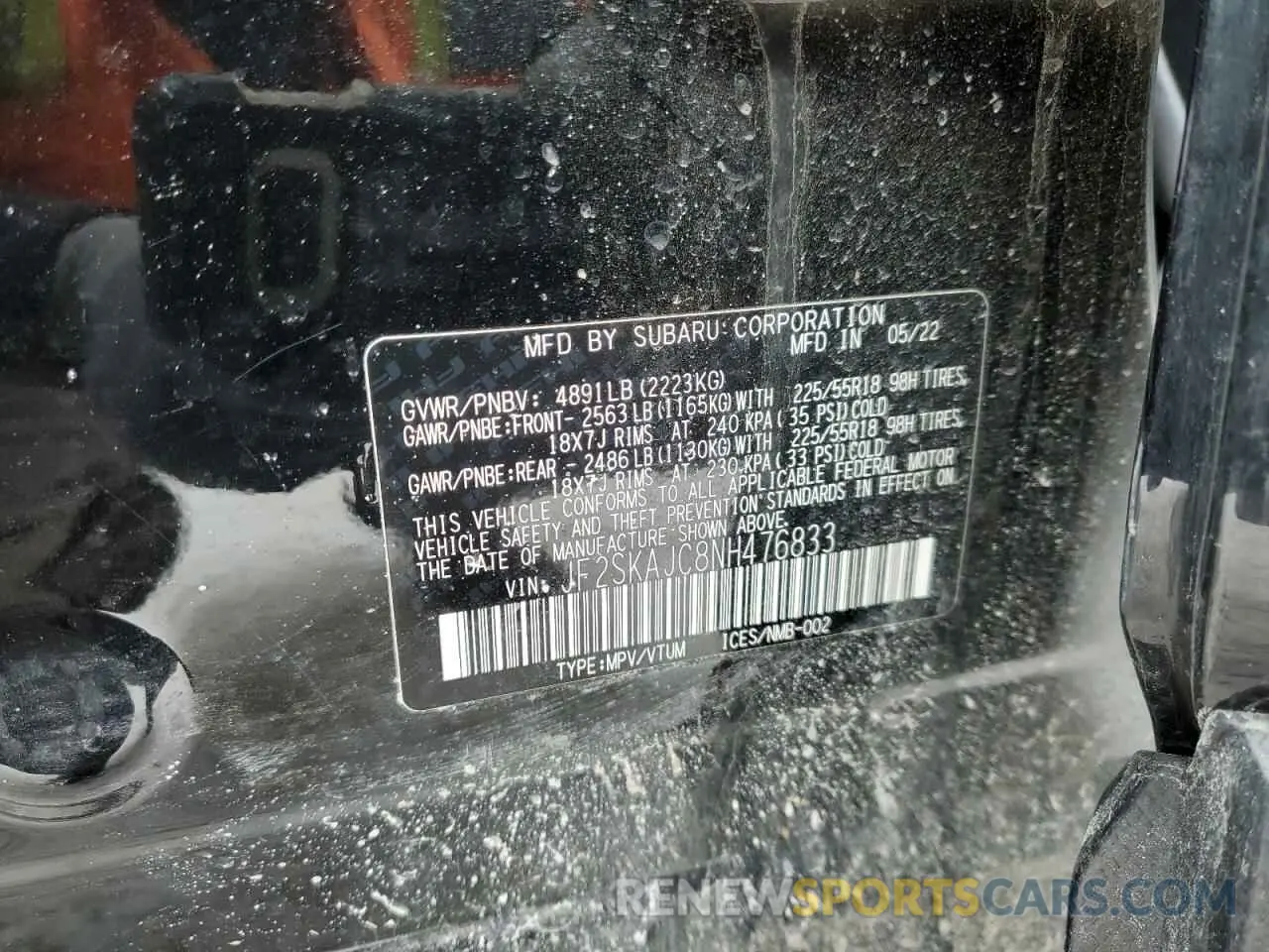 13 fotografías del automóvil dañado JF2SKAJC8NH476833 SUBARU FORESTER 2022