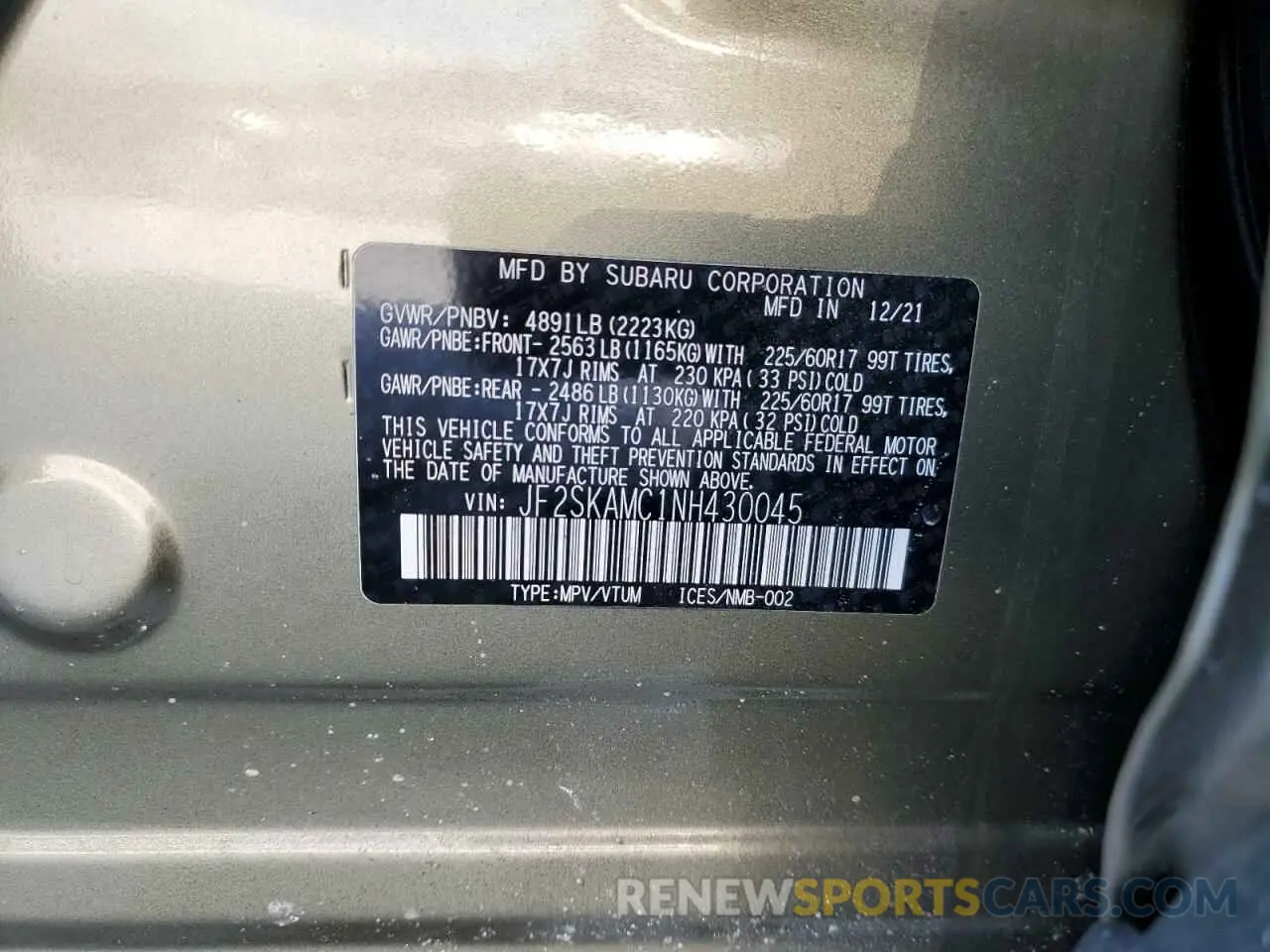 15 fotografías del automóvil dañado JF2SKAMC1NH430045 SUBARU FORESTER 2022