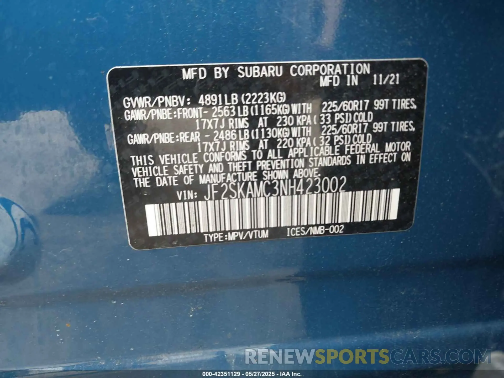 9 fotografías del automóvil dañado JF2SKAMC3NH423002 SUBARU FORESTER 2022