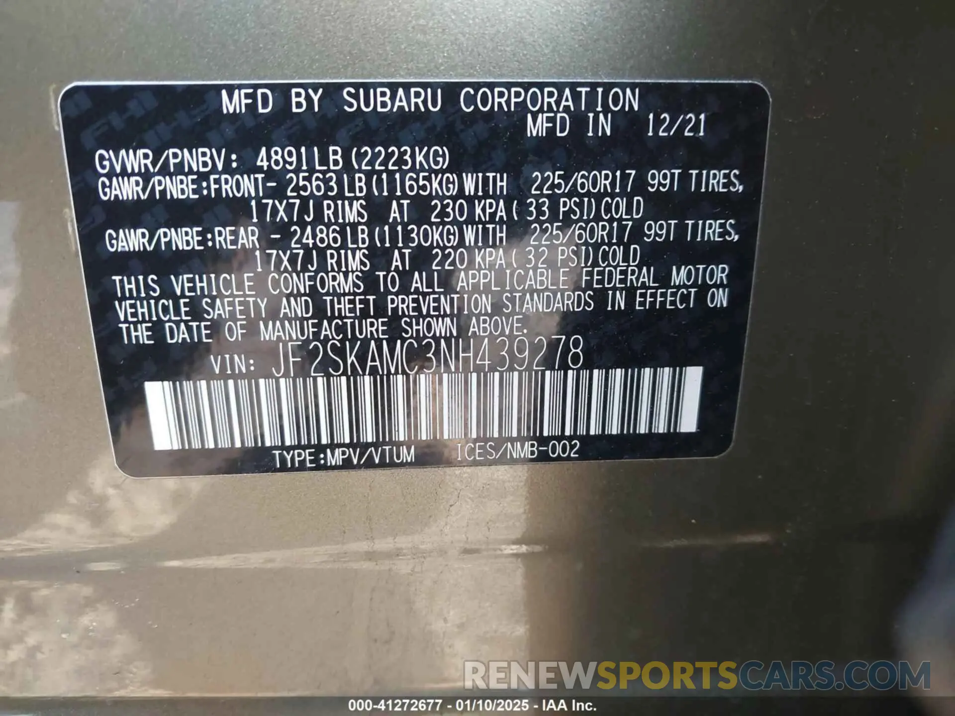 9 fotografías del automóvil dañado JF2SKAMC3NH439278 SUBARU FORESTER 2022