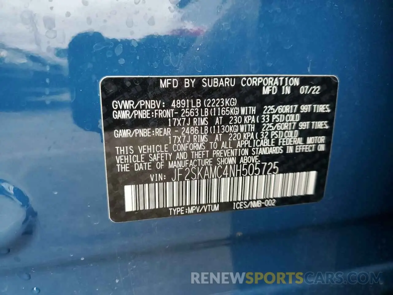 13 fotografías del automóvil dañado JF2SKAMC4NH505725 SUBARU FORESTER 2022