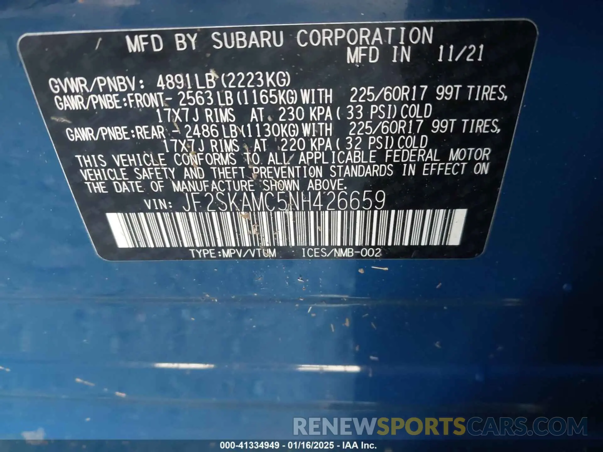 9 fotografías del automóvil dañado JF2SKAMC5NH426659 SUBARU FORESTER 2022