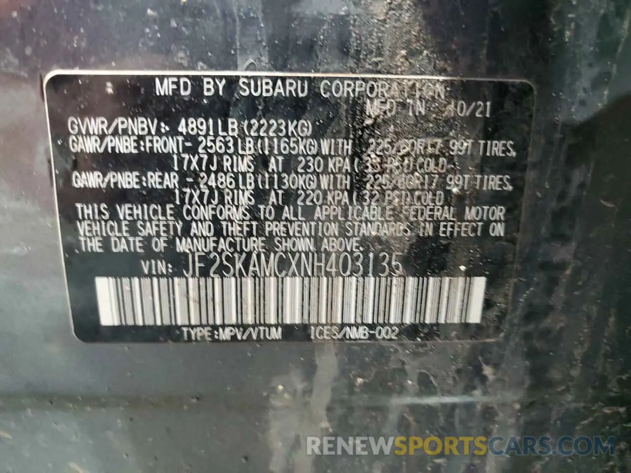 13 fotografías del automóvil dañado JF2SKAMCXNH403135 SUBARU FORESTER 2022
