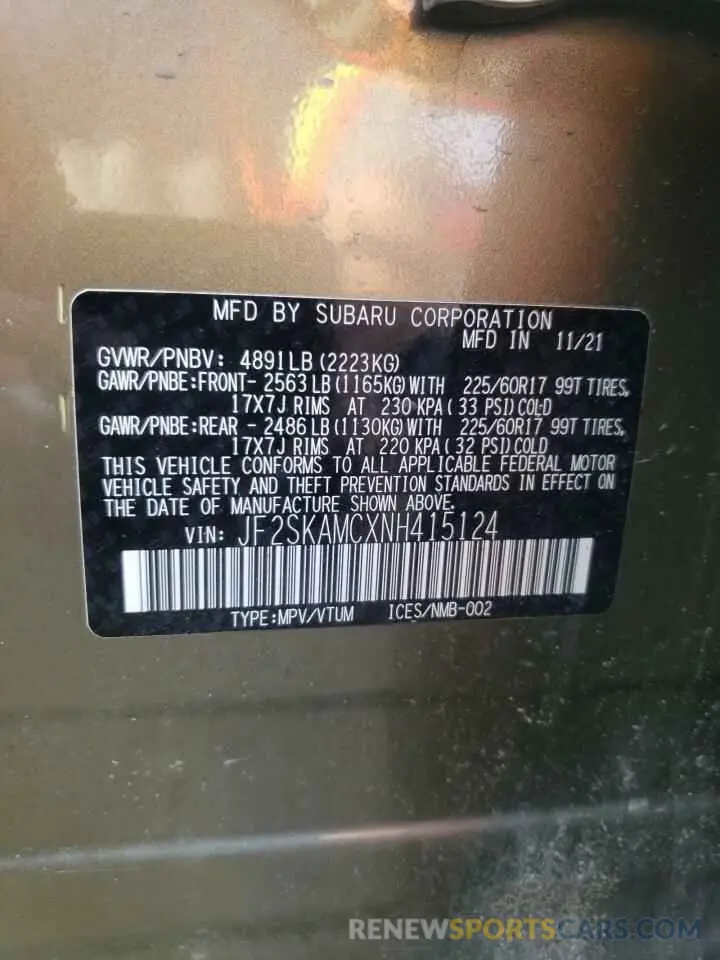 14 fotografías del automóvil dañado JF2SKAMCXNH415124 SUBARU FORESTER 2022