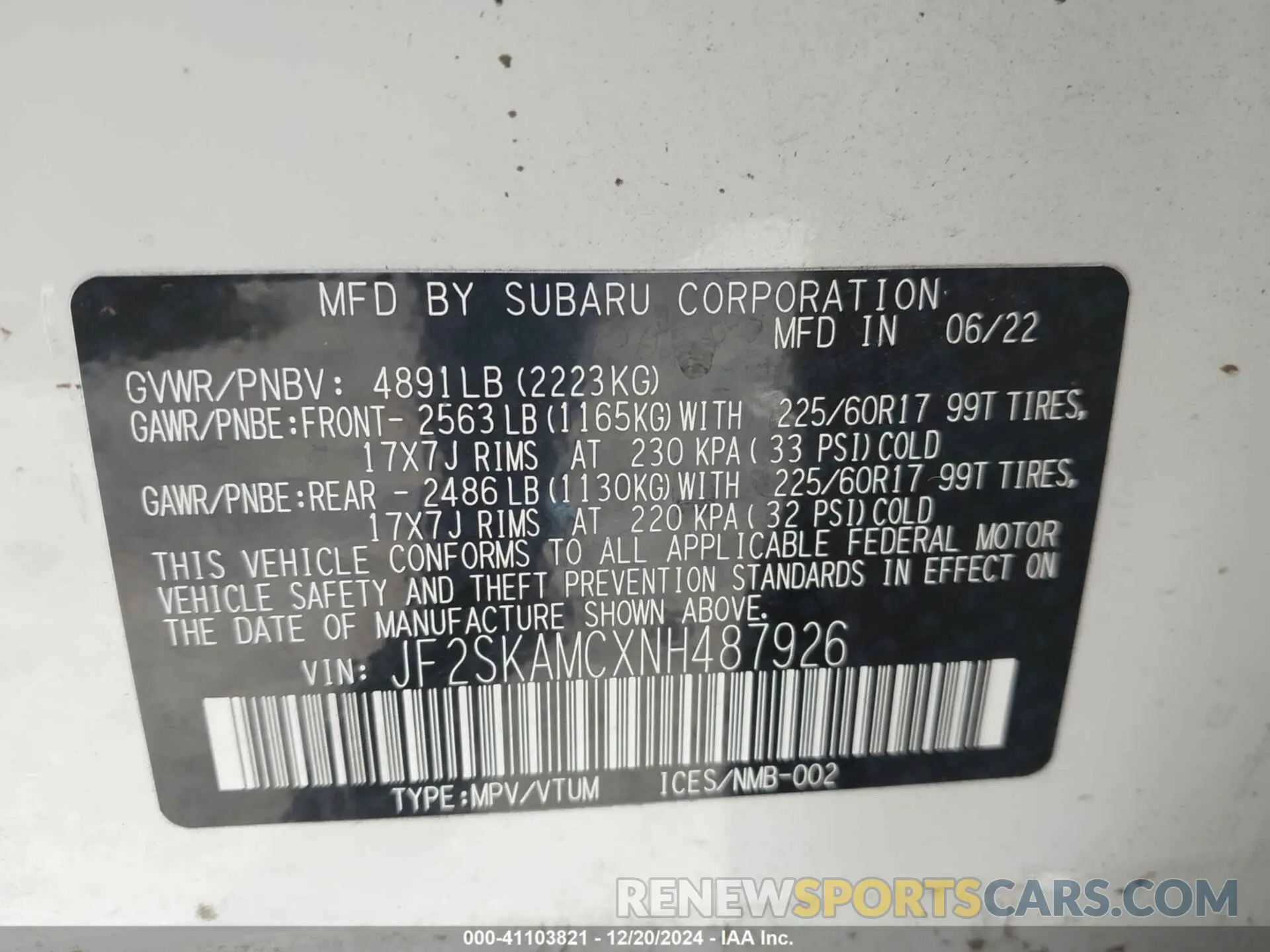 9 fotografías del automóvil dañado JF2SKAMCXNH487926 SUBARU FORESTER 2022