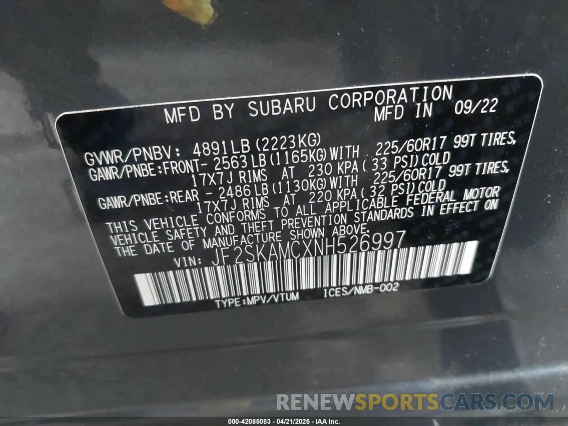 9 fotografías del automóvil dañado JF2SKAMCXNH526997 SUBARU FORESTER 2022