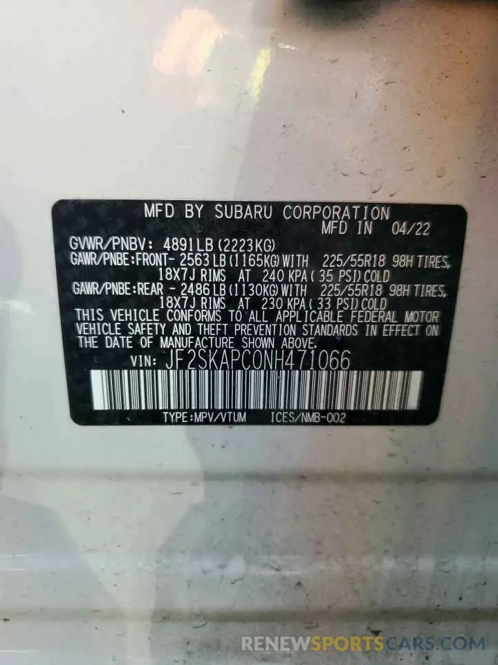 13 fotografías del automóvil dañado JF2SKAPC0NH471066 SUBARU FORESTER 2022