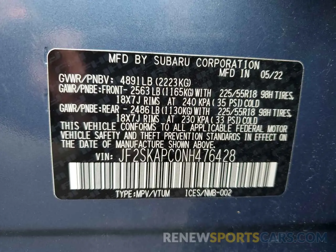 14 fotografías del automóvil dañado JF2SKAPC0NH476428 SUBARU FORESTER 2022