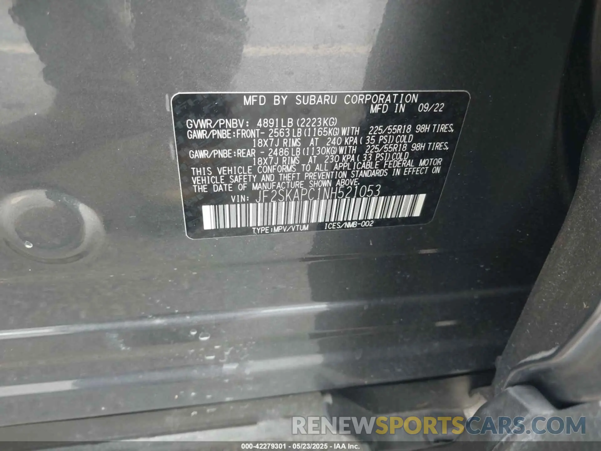 9 fotografías del automóvil dañado JF2SKAPC1NH521053 SUBARU FORESTER 2022
