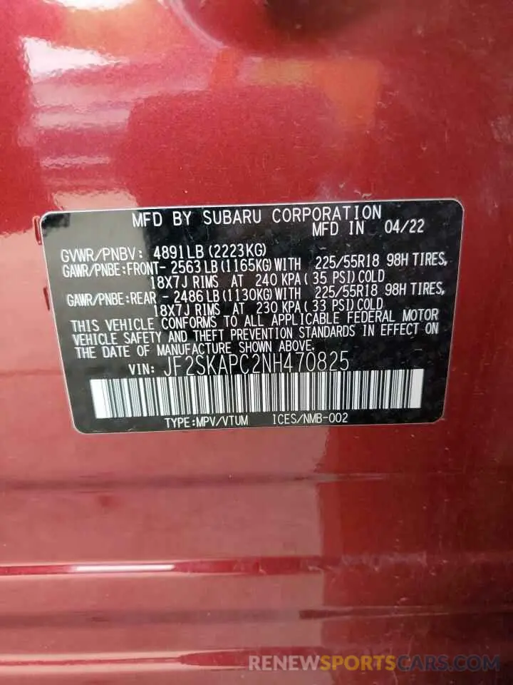 14 fotografías del automóvil dañado JF2SKAPC2NH470825 SUBARU FORESTER 2022