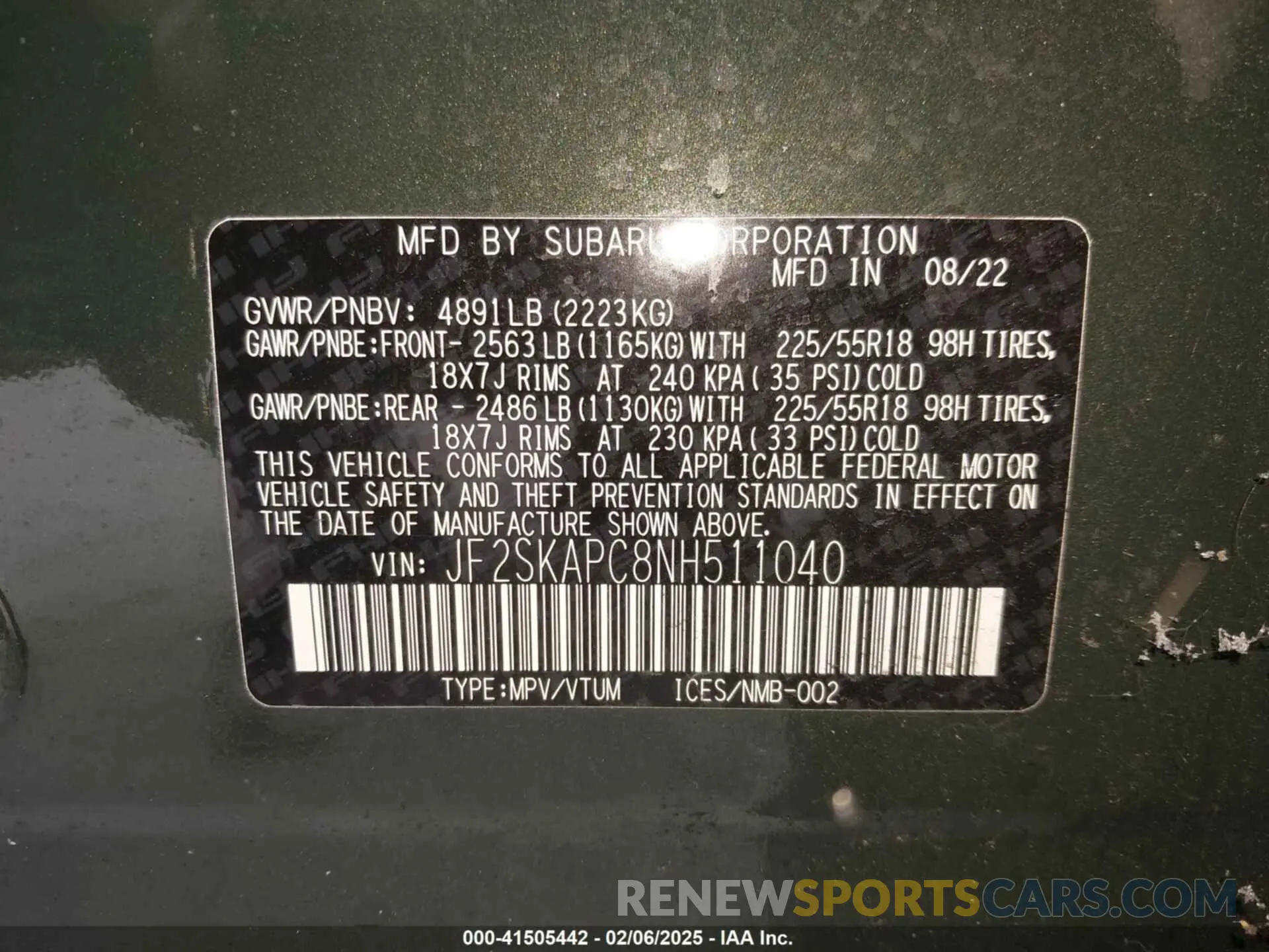 9 fotografías del automóvil dañado JF2SKAPC8NH511040 SUBARU FORESTER 2022
