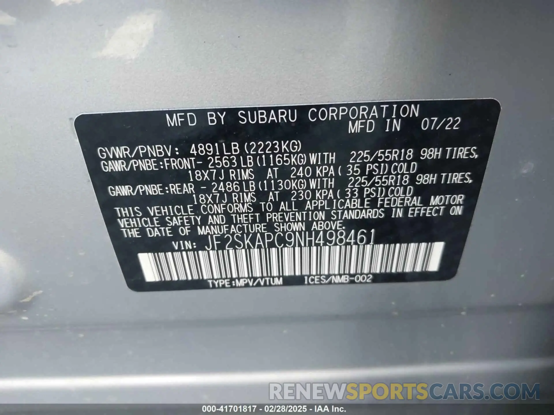 9 fotografías del automóvil dañado JF2SKAPC9NH498461 SUBARU FORESTER 2022