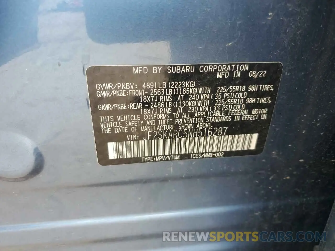 13 fotografías del automóvil dañado JF2SKARC5NH516287 SUBARU FORESTER 2022