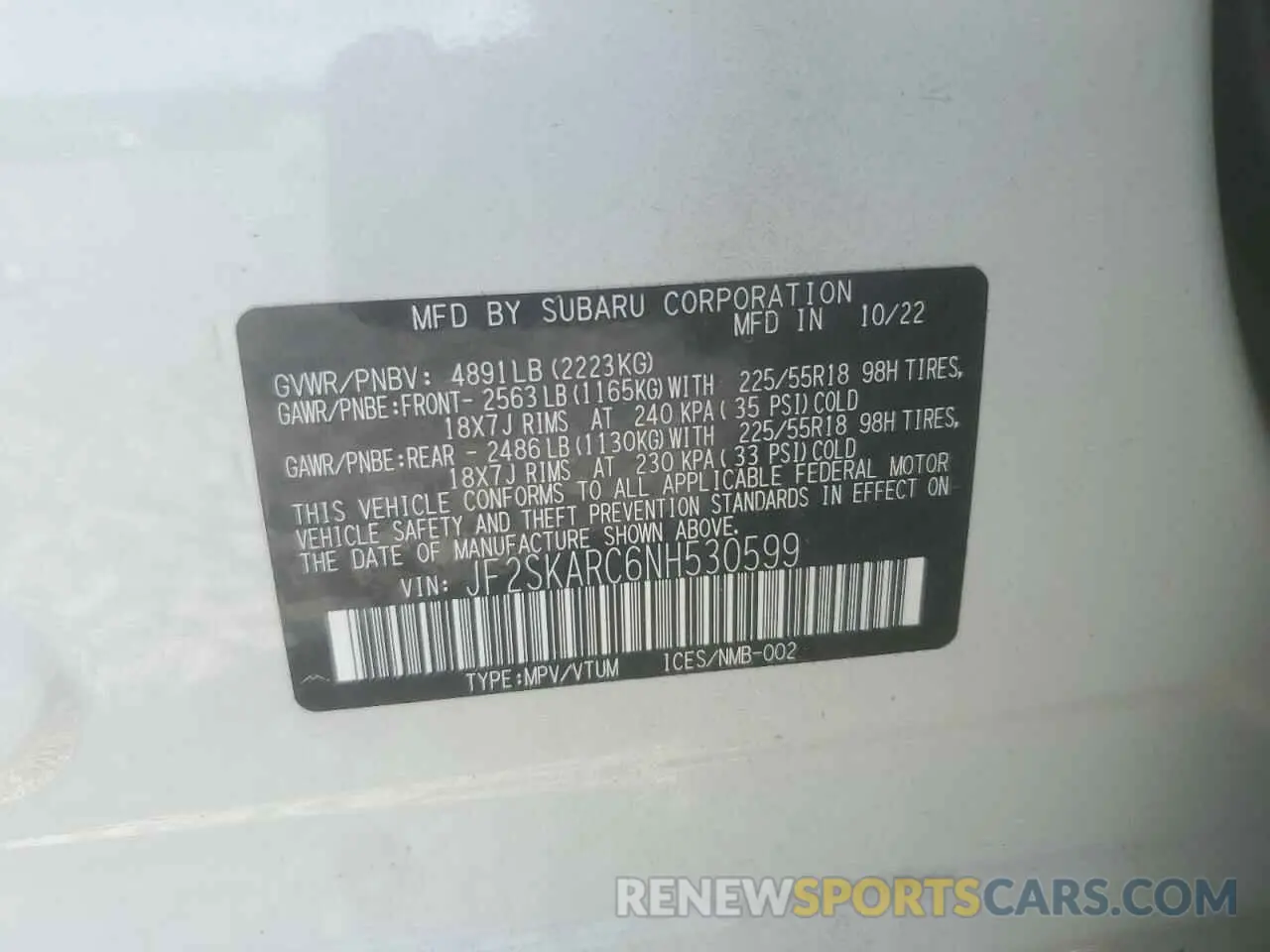 13 fotografías del automóvil dañado JF2SKARC6NH530599 SUBARU FORESTER 2022