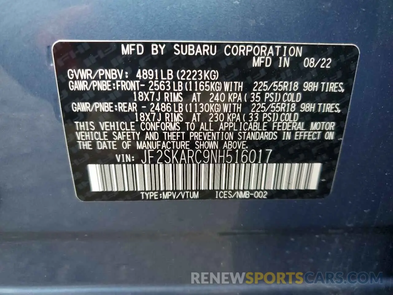 13 fotografías del automóvil dañado JF2SKARC9NH516017 SUBARU FORESTER 2022