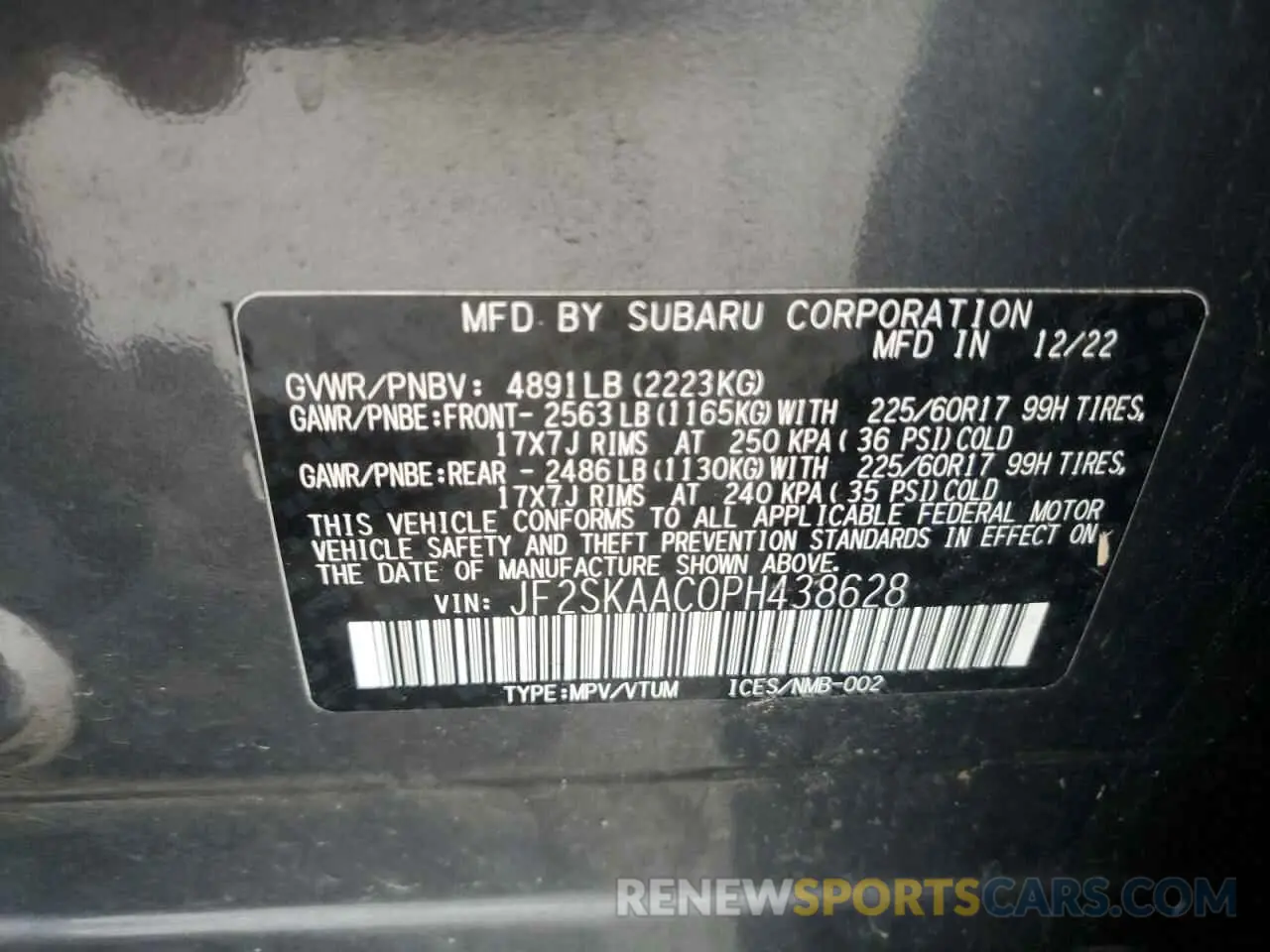13 fotografías del automóvil dañado JF2SKAAC0PH438628 SUBARU FORESTER 2023