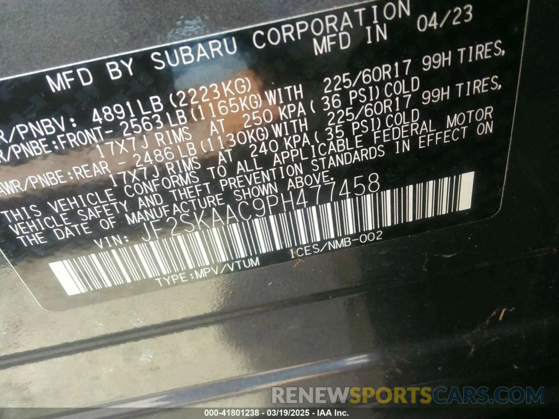9 fotografías del automóvil dañado JF2SKAAC9PH477458 SUBARU FORESTER 2023